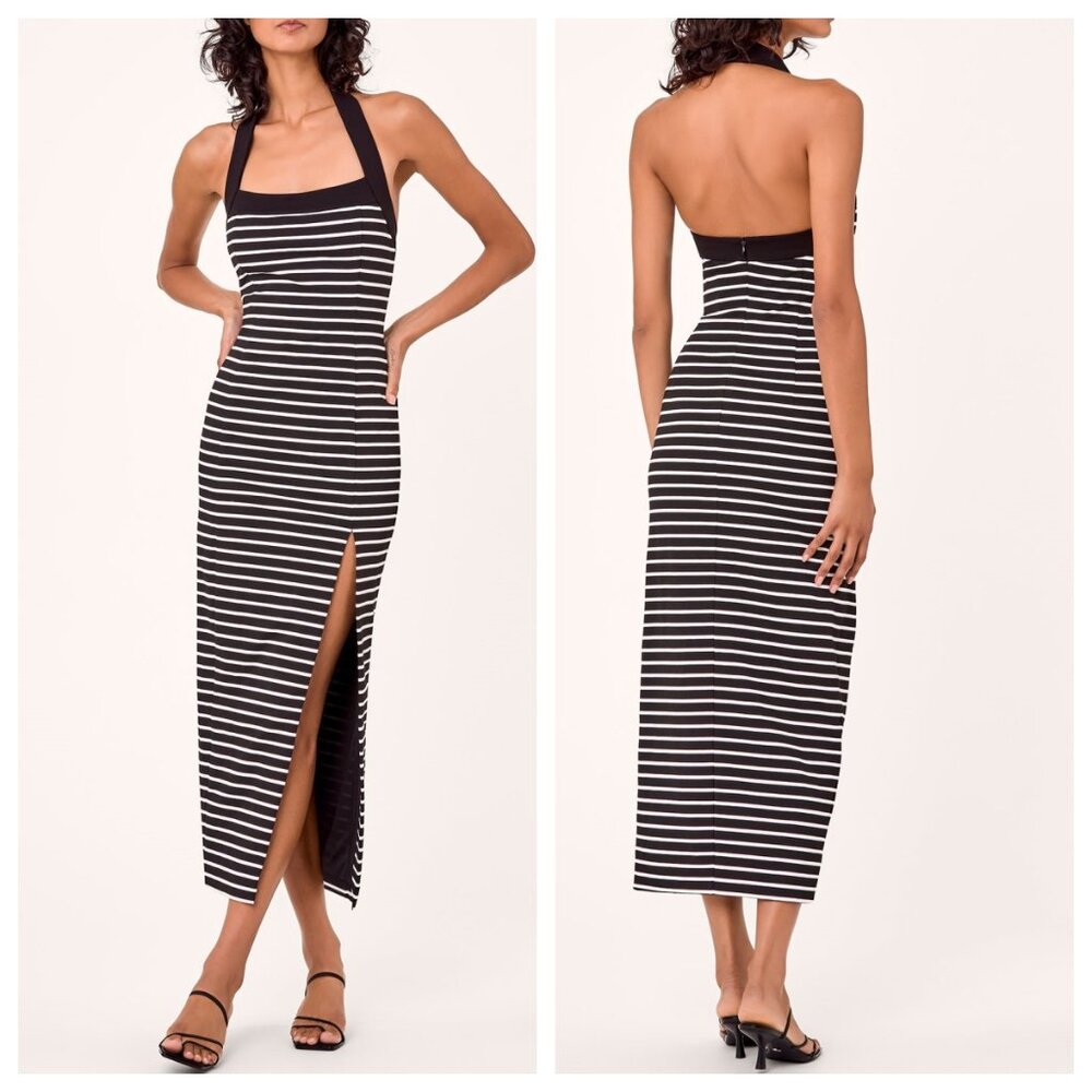 Nicholas Jane Dress Striped Halter Knit Midi in Black/milk